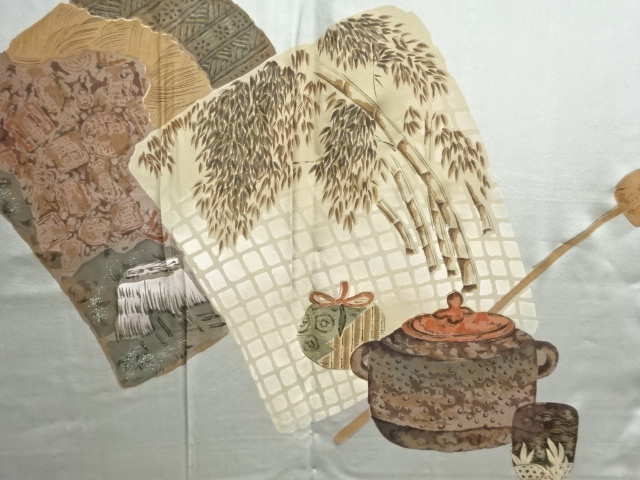 JAPANESE KIMONO / ANTIQUE MENS HAORI / SILK / DORO OSHIMA TSUMUGI / TEA UTENSILS PATTERN